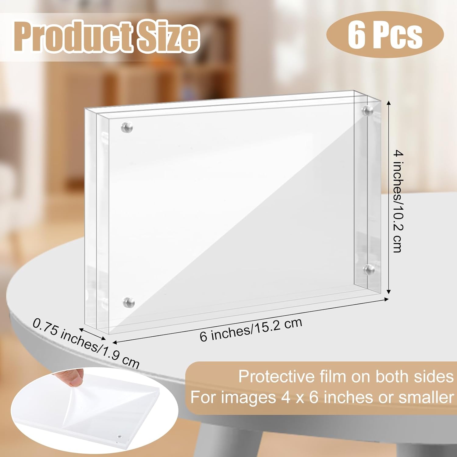 4x6 Acrylic Picture Frames, 6 Pack Double Sided Magnetic Picture Frames, 20mm Thicker Frameless Clear Photo Frame, Acrylic Photo Frame Freestanding for Desktop Display