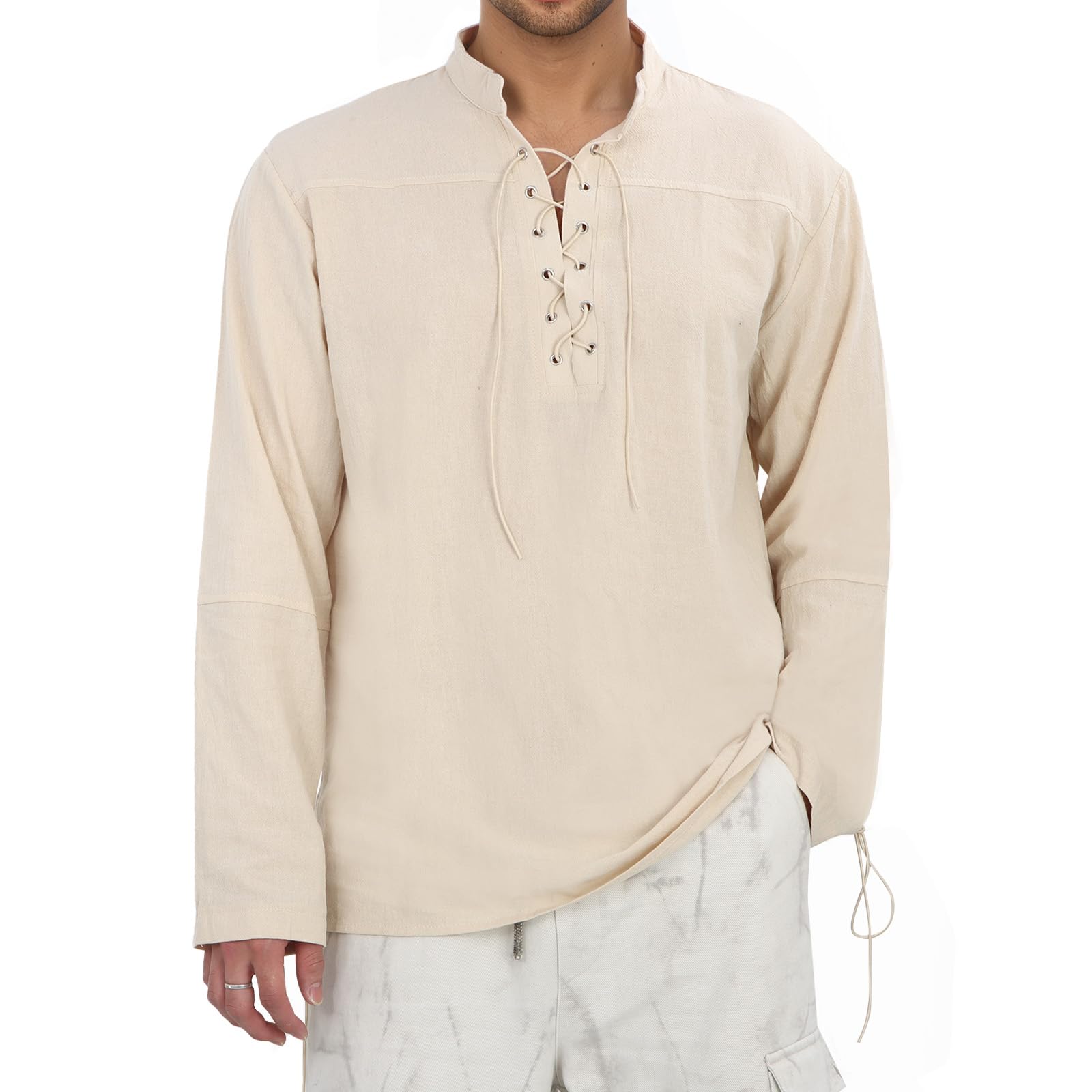 Camisa Hombre Manga Larga Estilo Casual - Disfraz Medieval Vintage Camisa Vikinga de Algodón Clásica con Cordones