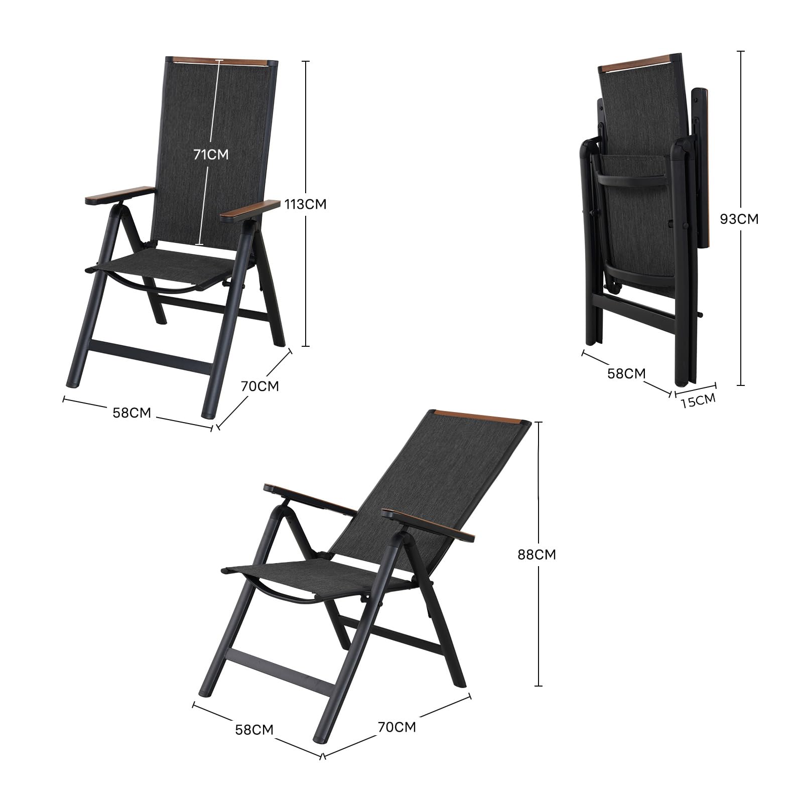 Grand Patio Alu Gartenstuhl Klappbar 2er Set, Liegestuhl mit 6-Fach Verstellbare, Wetterfest, Schwarz