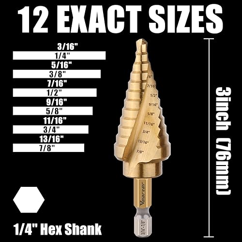 Miniatura 2 de Vearter Brocas de doble flauta con ranura en espiral HSS, brocas de 316 a 78 pulgadas, 12 pasos Material M2 Unibit vástago hexagonal para perforar
