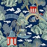VaryStyle Chinoiserie Landscape Wallpaper Navy Blue/Green Peel and Stick Wallpaper Vintage Floral Antique Wall Paper Removable Self Adhesive Navy Contact Paper for Cabinets Bedroom Walls 17.7'x118'