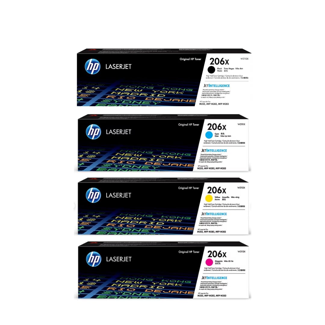 Photo 1 of ***STOCK PHOTO FOR REFERENCE ONLY***HP 206X High-Yield Toner Cartridge 4-Pack (Black, Cyan, Magenta, Yellow) | Compatible Color LaserJet Pro M255 & MFP M282/M283 Series Printers | W2110XQ1 Combo Pack