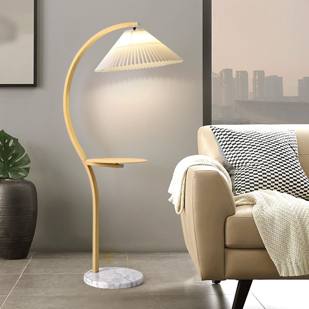HGJHJJHK Arc Floor Lamp Pleated Linen Standing Lamp Nordic Cream Style Tall Lights Rust-Proof Iron Pole Lamps with Tray Bedside Atmosphere Vertical Light Marble Base for Living Room Corner Hotel