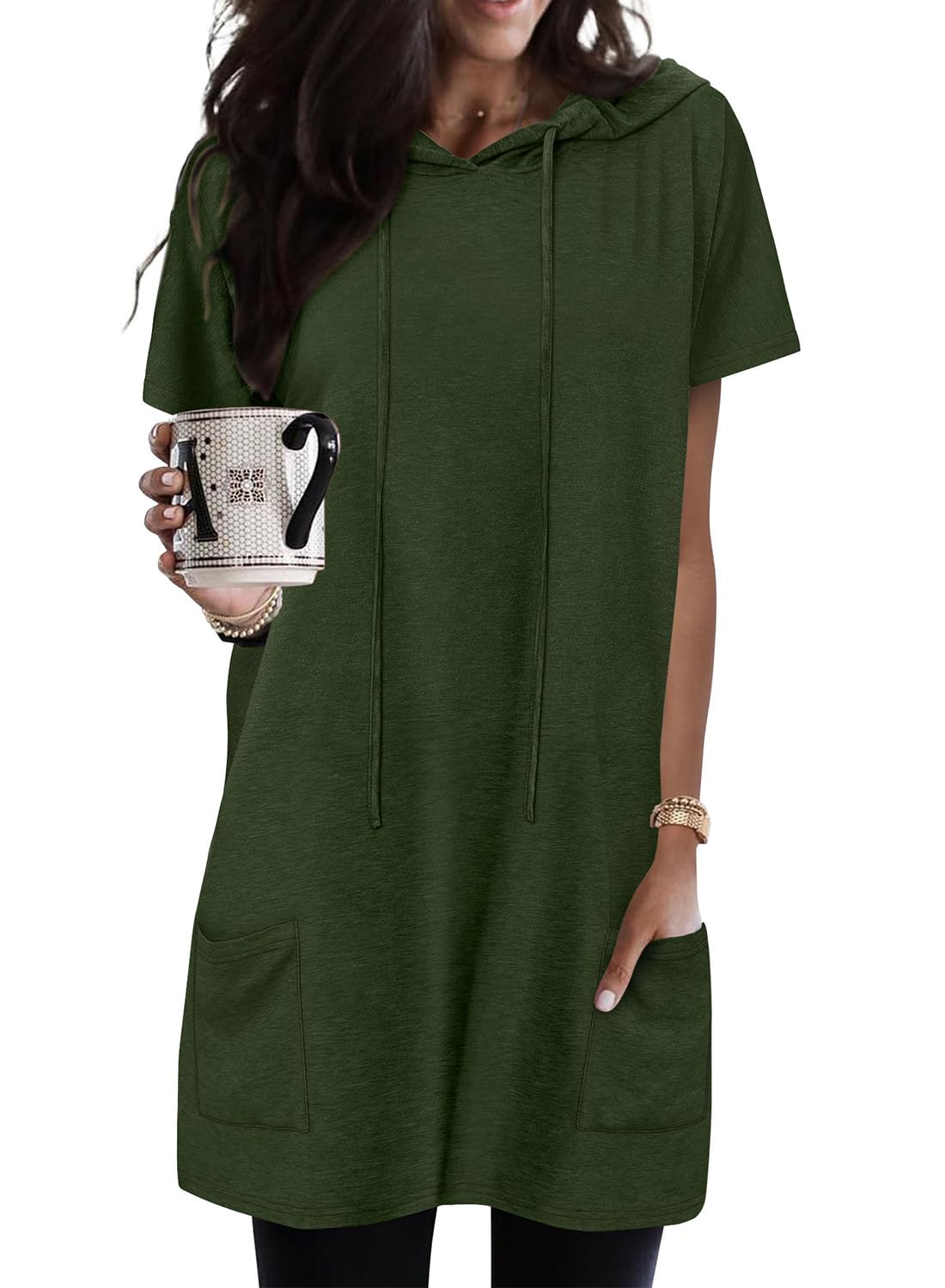 KISSMODA Woman Lightweight Dress with Hood Short Sleeve Summer Loose Pullovers with Pockets Long Tunics Top for Leggings