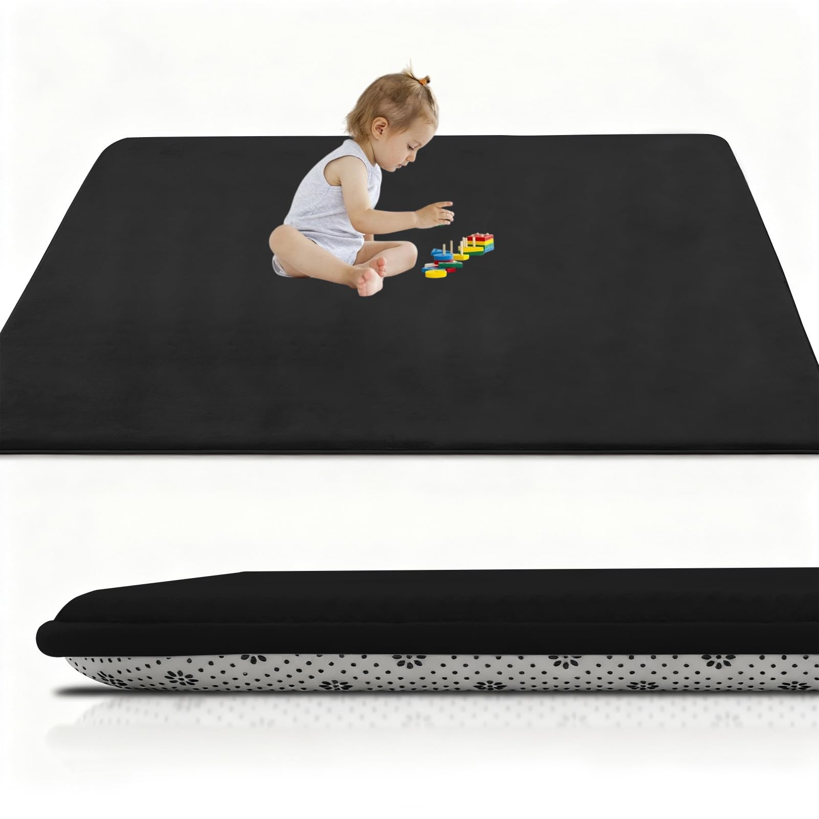 RxueSug Large Kids Crawling Play Mat, 50 x 80 cm Black Foldable Baby Play Mat, Large Thick Foam Playmat Waterproof, 2cm Non-Slip for Children, Toddlers & Babies, Playpen Mat f Outdoor Indoor