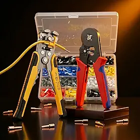 Alicate Crimpador Prensa Terminal Tubular 0,25-10mm² — Kit 2 em 1 com Descascador Automático 3 em 1 — 1200 Ilhós Coloridos — Estojo — Eletricista Profissional