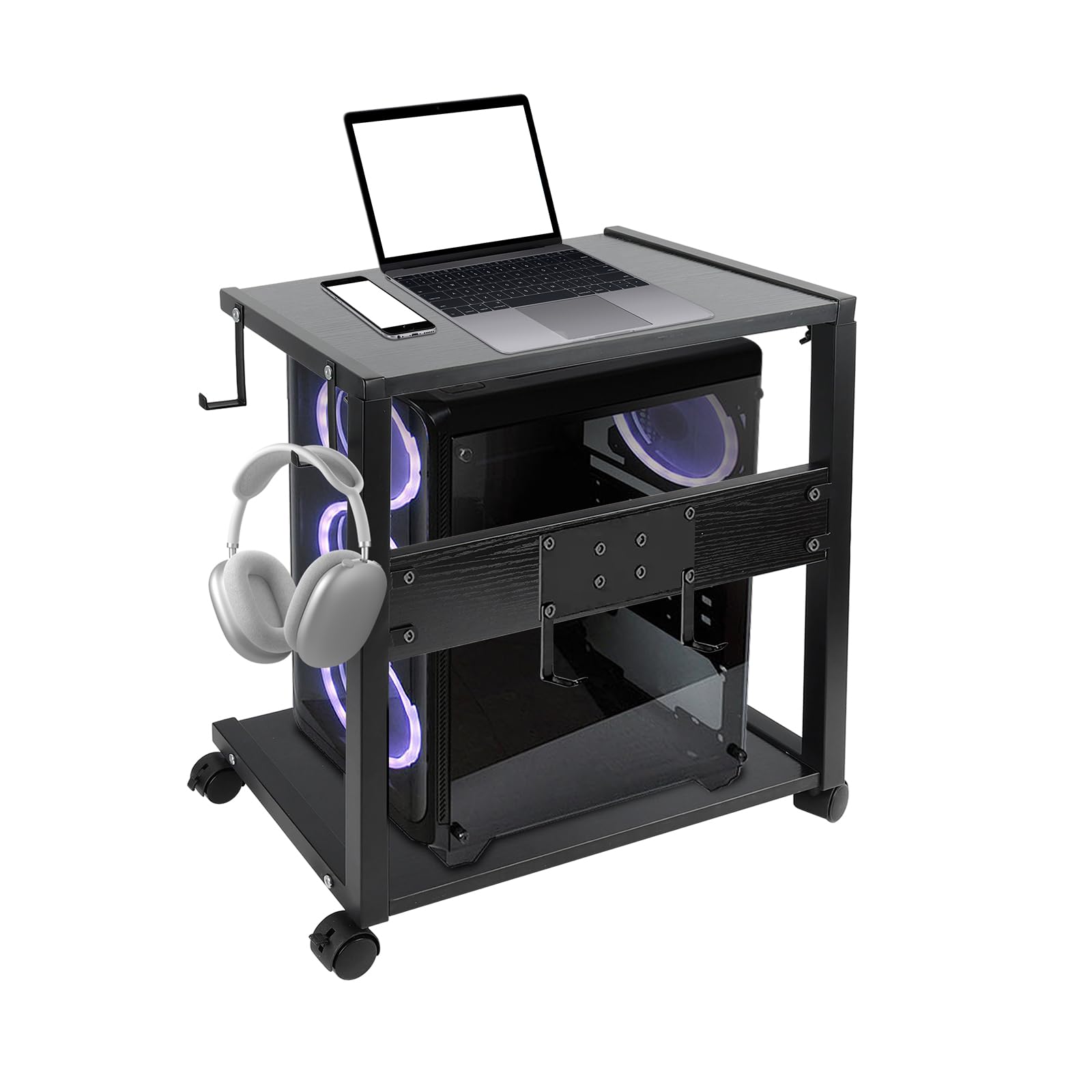 Porta PC con Rotelle, Supporto per Computer Tower Regolabile in Altezza | Mobile per Stampante con 4 Ganci, per Scrivania e Pavimento (58.5-72 cm)