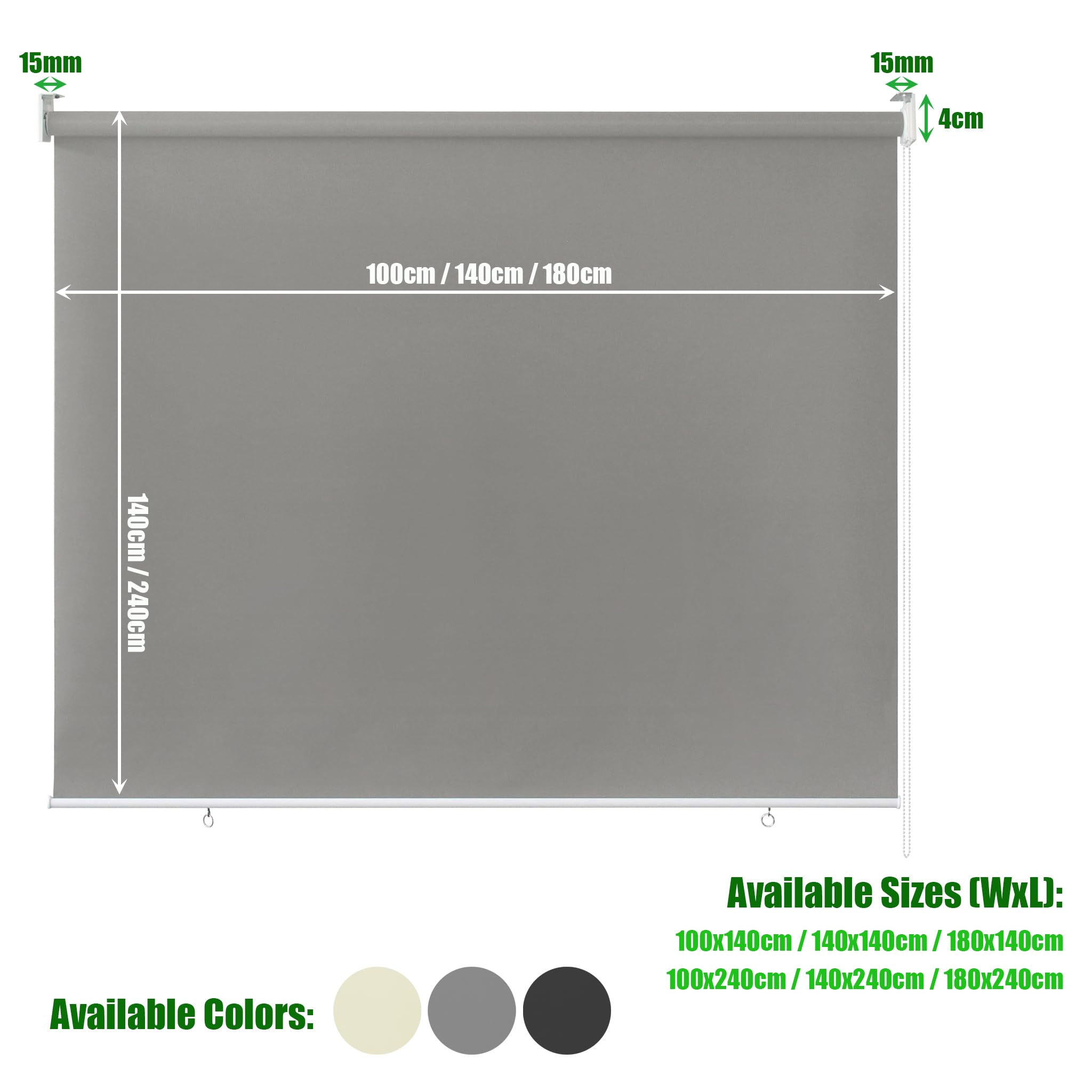 Tenda a Rullo Oscuranti 180 x 240cm Tende Avvolgibili da Esterno con Fissaggio a Morsetto Protezione dai Raggi UV Persiana per Finestre e Porte (Beige)