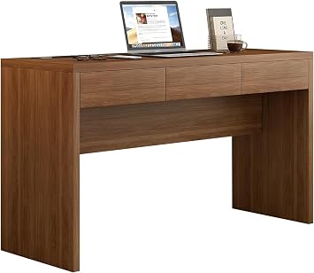 Messenya Executive Desk with Drawers, Computer Desk with Drawers with Pre-Embedded Slots, 55 inch Modern Walnut Home Office Desk with Charging Station for Study, Living Room, Bedroom