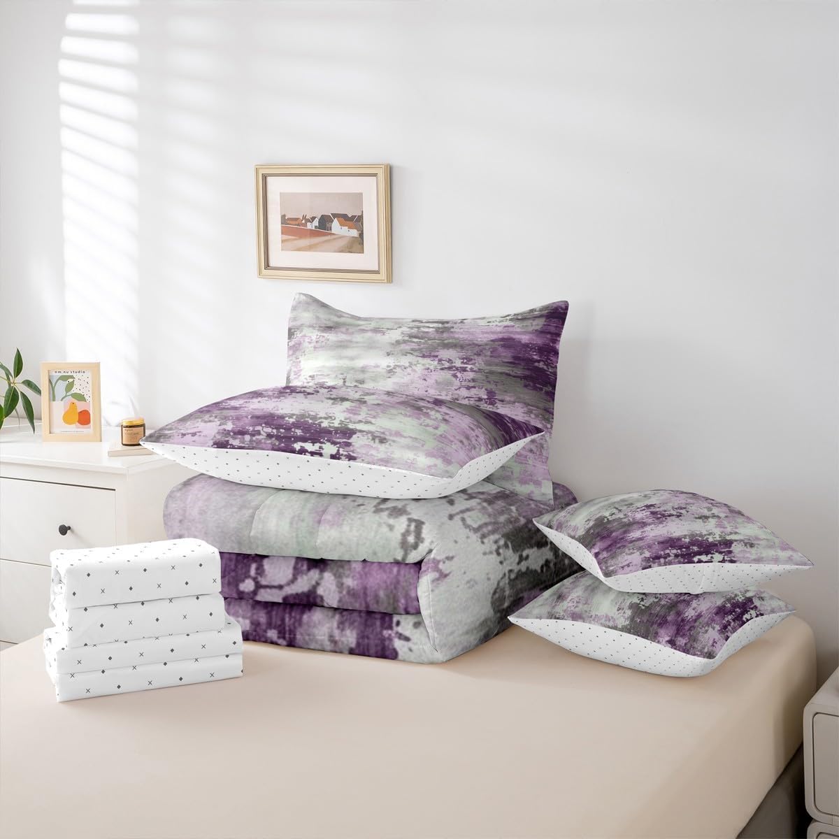 Erosebridal Watercolor Comforter Set 7 Pcs,Modern Abstract Bedding Set for Girls Boys Kids Teens,Ombre Gradient Tie Dye Batik Sheet Set,Gradient Grunge Artwork Quilted Duvet (Lilac Grey,Twin)