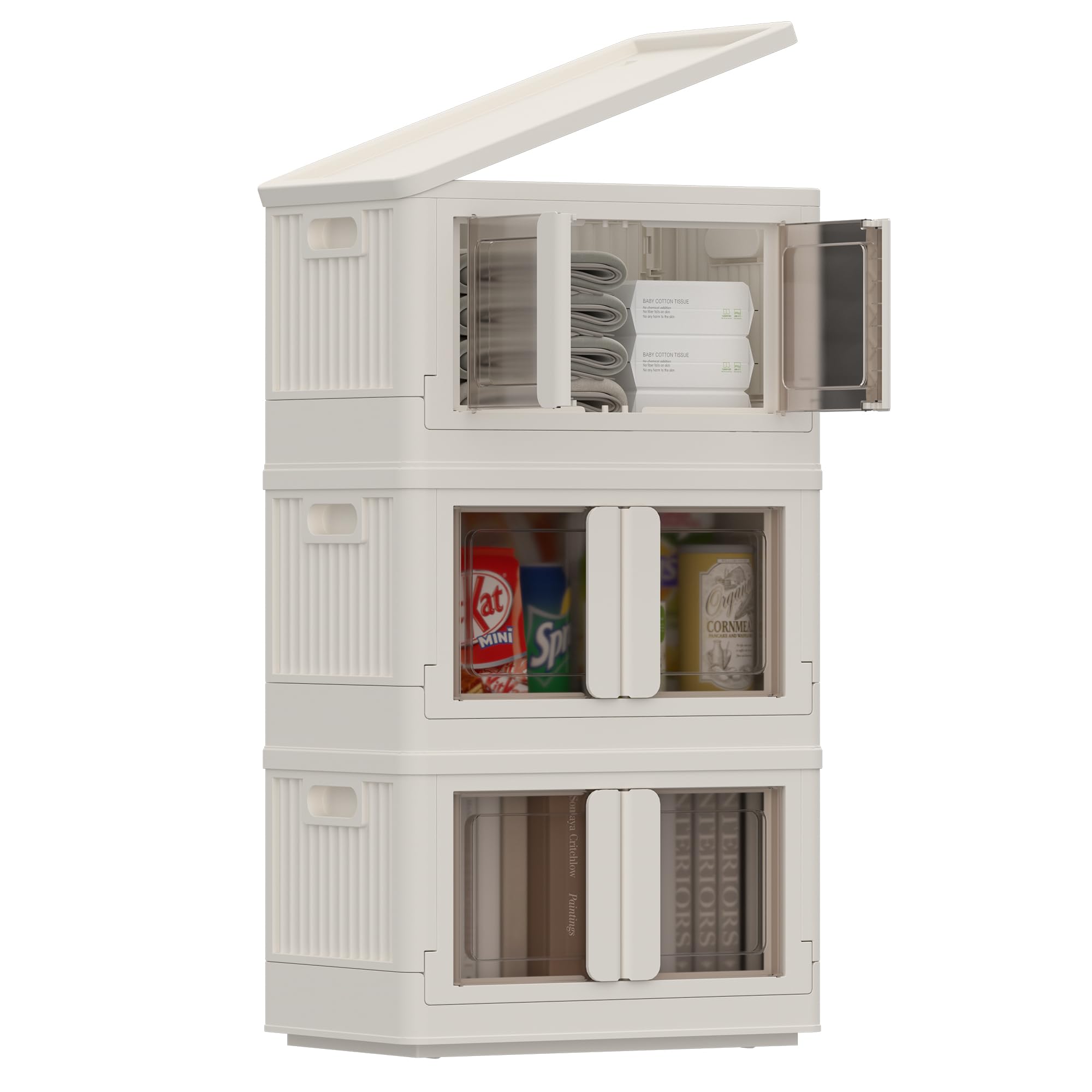 FLEXIMOUNTS Stackable Storage Bins With Lids, 8.4 Gal Closet Organizers and Storage with Doors, 3 pack Plastic Collapsible Storage Bins, Milky White Storage Containers For Home Essentials