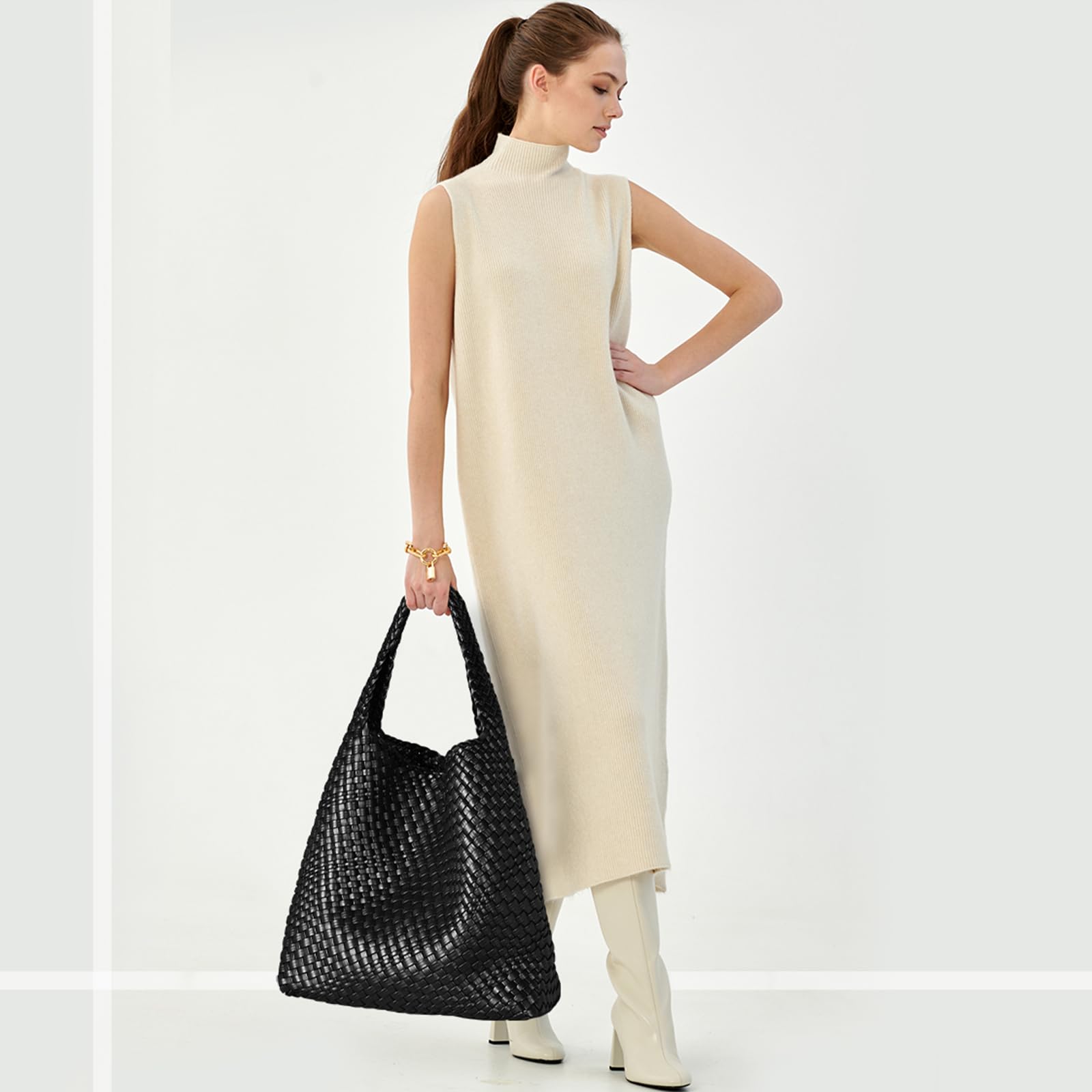 Oscaurt Borsa Tote da Donna in Pelle Intrecciata con Tracolla e Manico Superiore - Borsa per la Spesa con Sacchetto