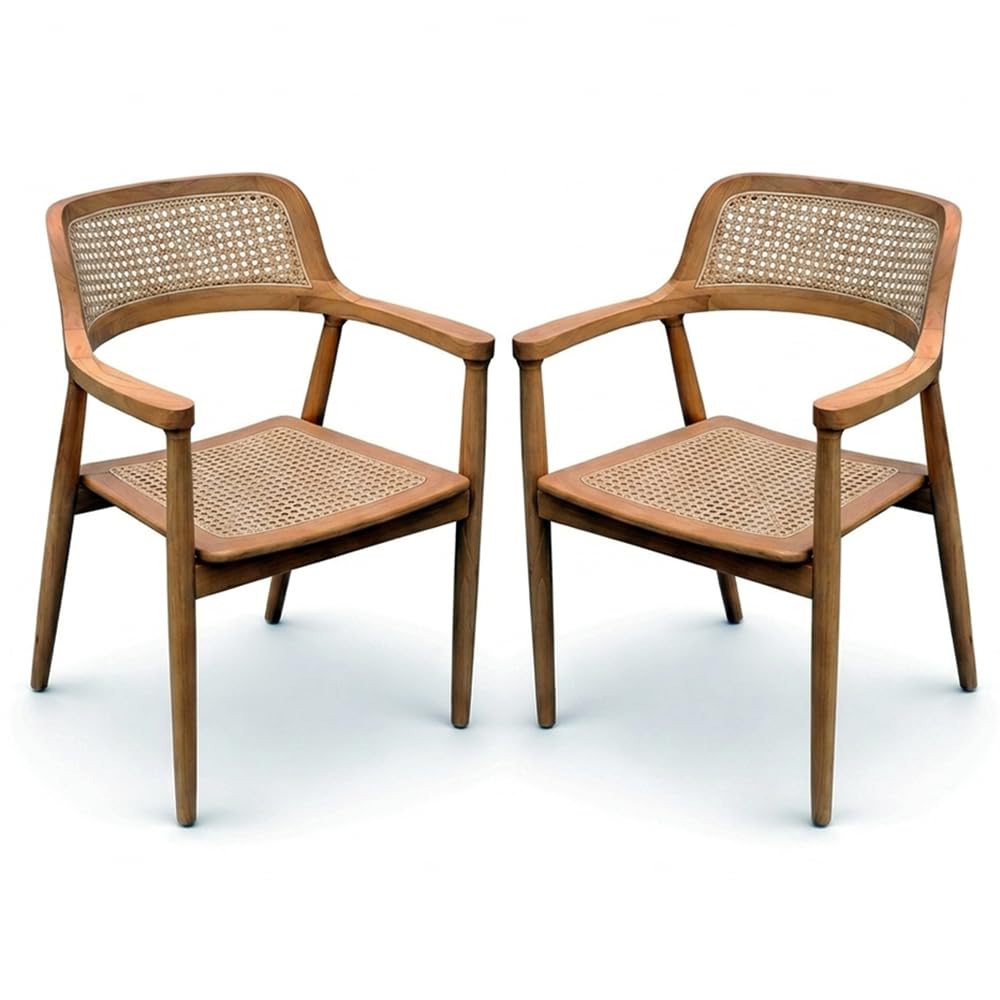 Set 2 Sedie da Giardino in Legno Teak con Braccioli MALACCA | Seduta e Schienale in Rattan | Design Nordic Japandi Outdoor | Poltrona da Esterno per Terrazzo Balcone | 58 x 59 x 83cm