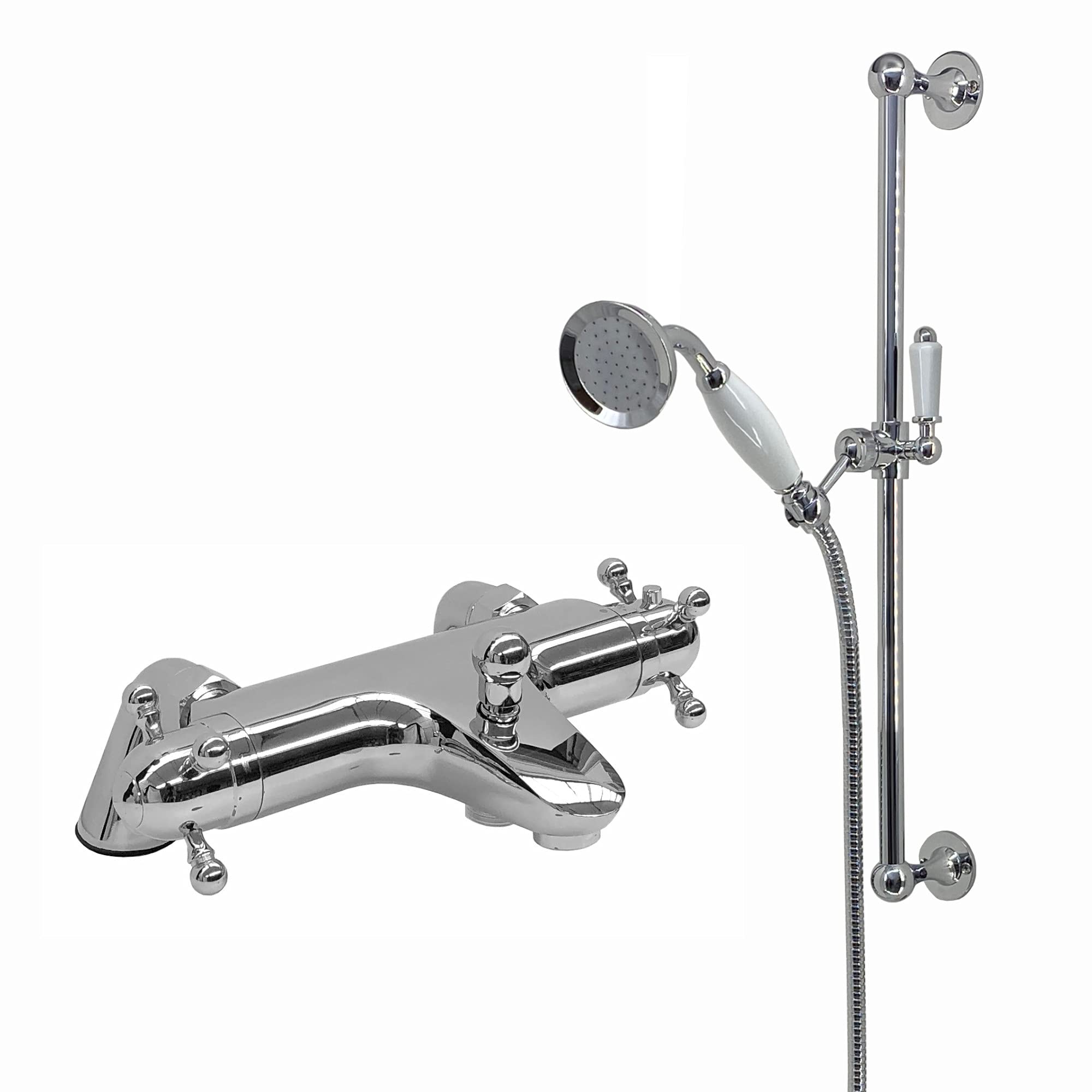 Enki Chrome Gallant, Bbt0228, Thermostatic Deck Mounted Bath Shower Mixer Valve With Shower Head, Hose & Rail, Solid Brass, Anti-Scald Device, Temperature Control, Traditional, 1-Year Guarantee