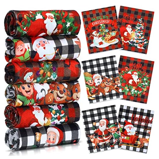 6 Pieces Christmas Decorative Hand Towels Embroidered Santa Reindeer Snowman Christmas Tree Dish Towels Soft Green Red White Fabric Bathroom Towels for Home Kitchen Bathroom Cleaning (Cute Style)