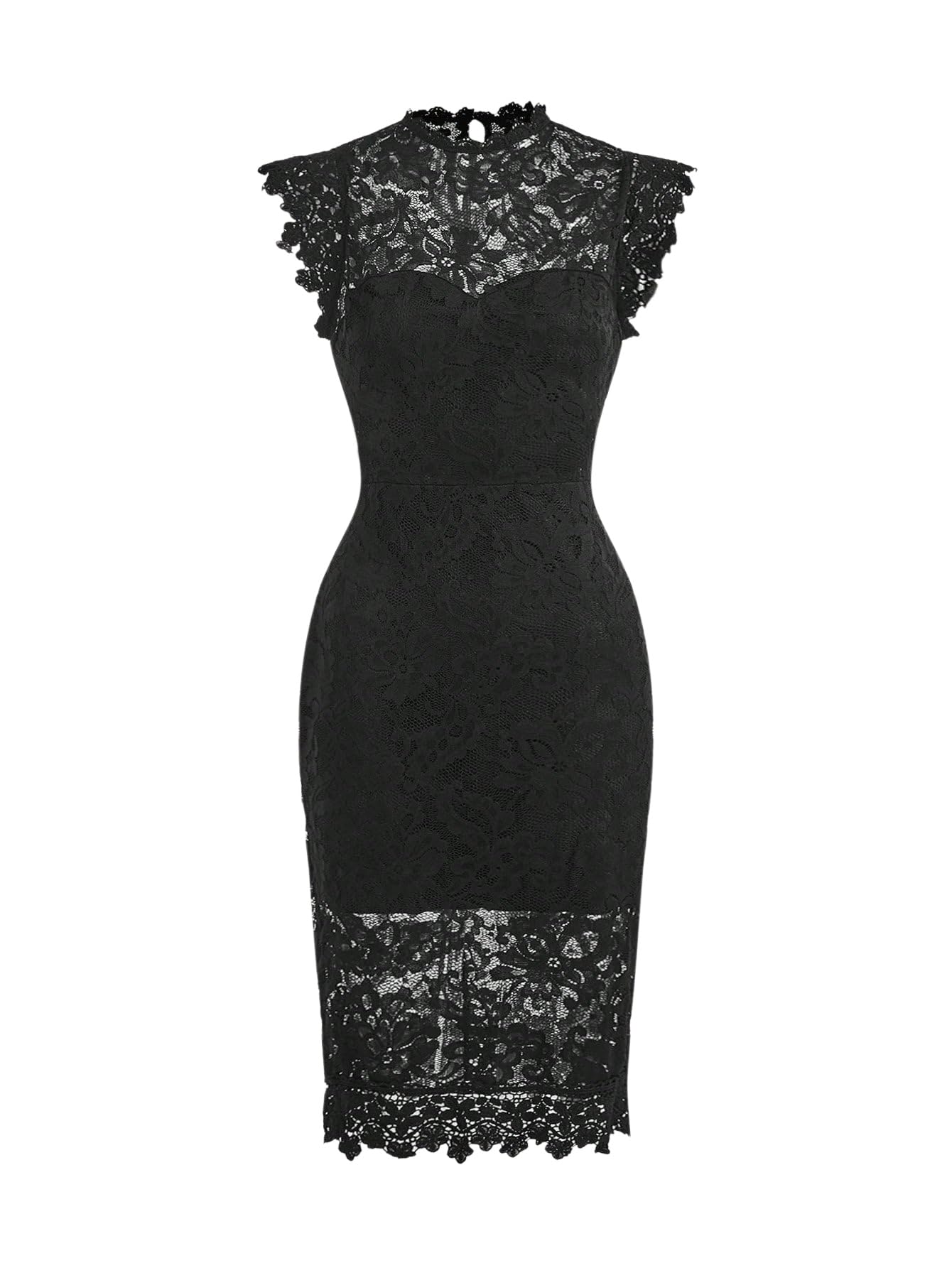 SweatyRocks Robe midi élégante pour femme - En dentelle - Coupe moulante - Col montant - Robe de fête transparente avec fente