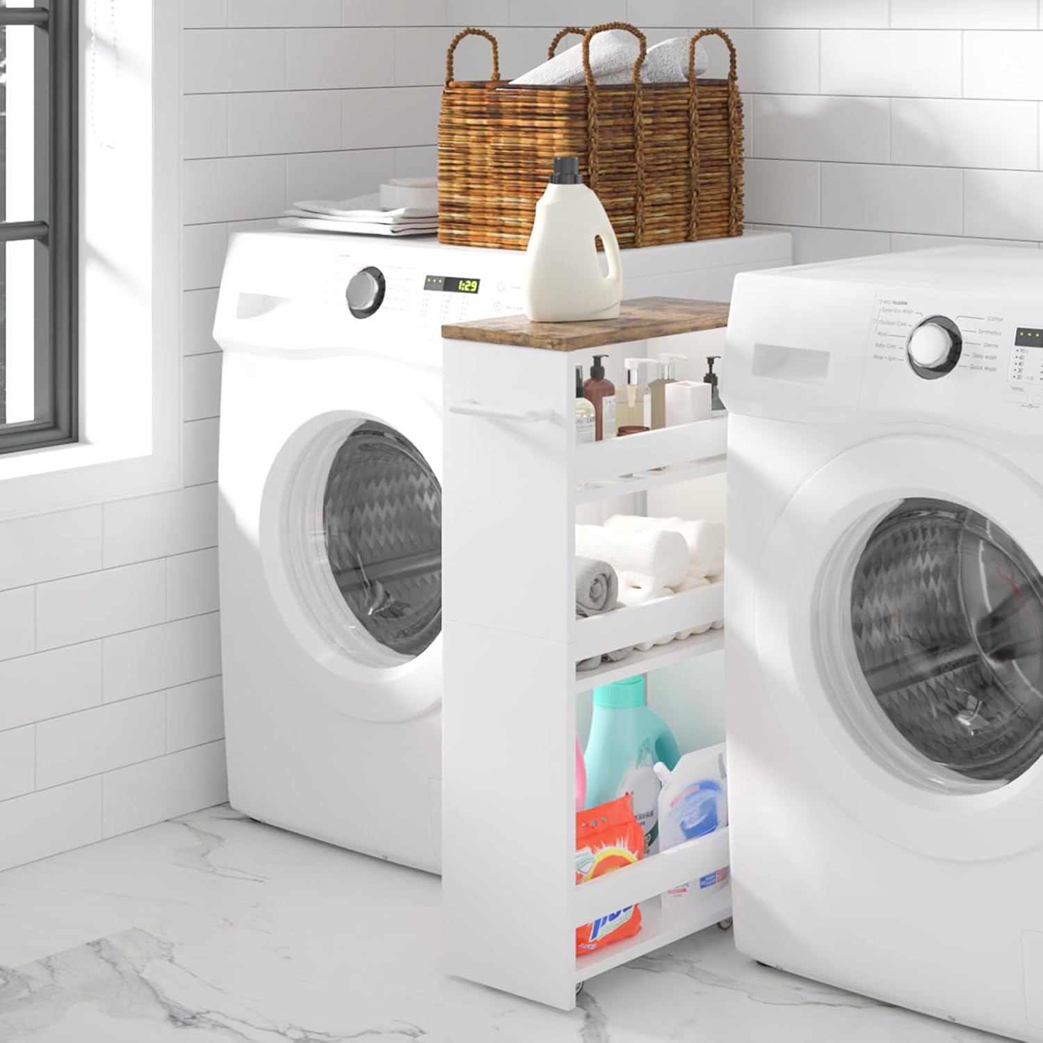 TEAMIX 4 Tier White Slim Storage Cart with Handle, 7.9''W Slide Out Storage Rolling Utility Cart Mobile Shelving Unit Organizer Trolley for Small Spaces Kitchen Laundry Narrow Places - Image 5