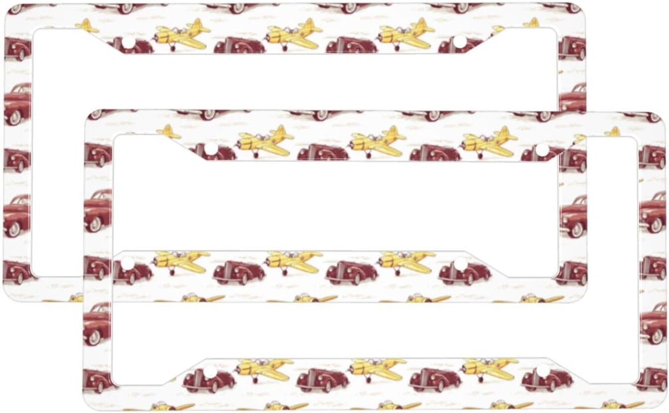 2 Pcs Car License Plate Frames for Women Men – Vintage Car Plane Print Aluminum Solid License Plate Cover for Car Accessories for Women Men with