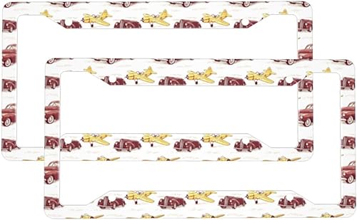 2 Pcs Car License Plate Frames for Women Men - Vintage Car Plane Print Aluminum Solid License Plate Cover for Car Accessories for Women Men with