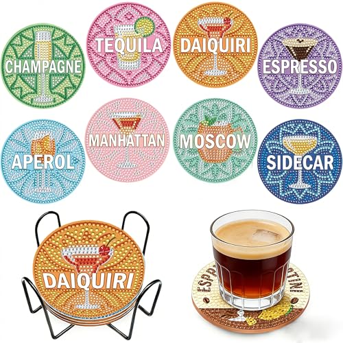 8 Stück Cocktai Diamond Painting Untersetzer Mit Halter Diamant Tassenuntersetzer Cocktai Diamond Painting Erwachsene & Kinder Basteln Diamont Painting Geschenk Für Mama Und Papa