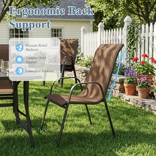 Image of DIFY Patio Chairs Set of 8, Stackable Outdoor Dining Chairs Set with Breathable Textilene High Back and All-Weather Metal Frame for Garden, Backyard, Deck, Brwon