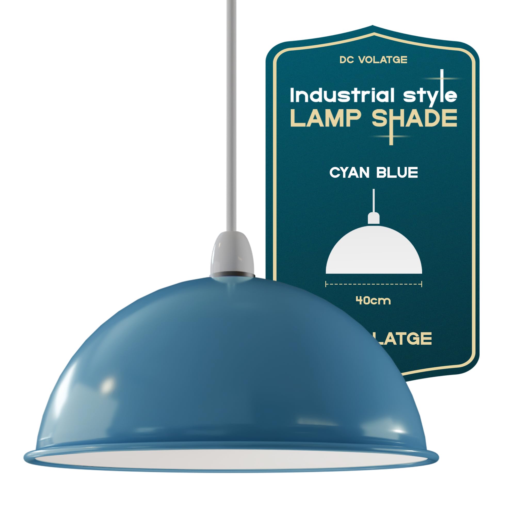 Modern Painted Ceiling Light Shade, Industrial Metal Lamp Shades, Non Electric Bulb Guard Vintage Lampshade for Kitchen, Living Room, Bedroom (Cyan Blue - 40cm Dome) — image 1
