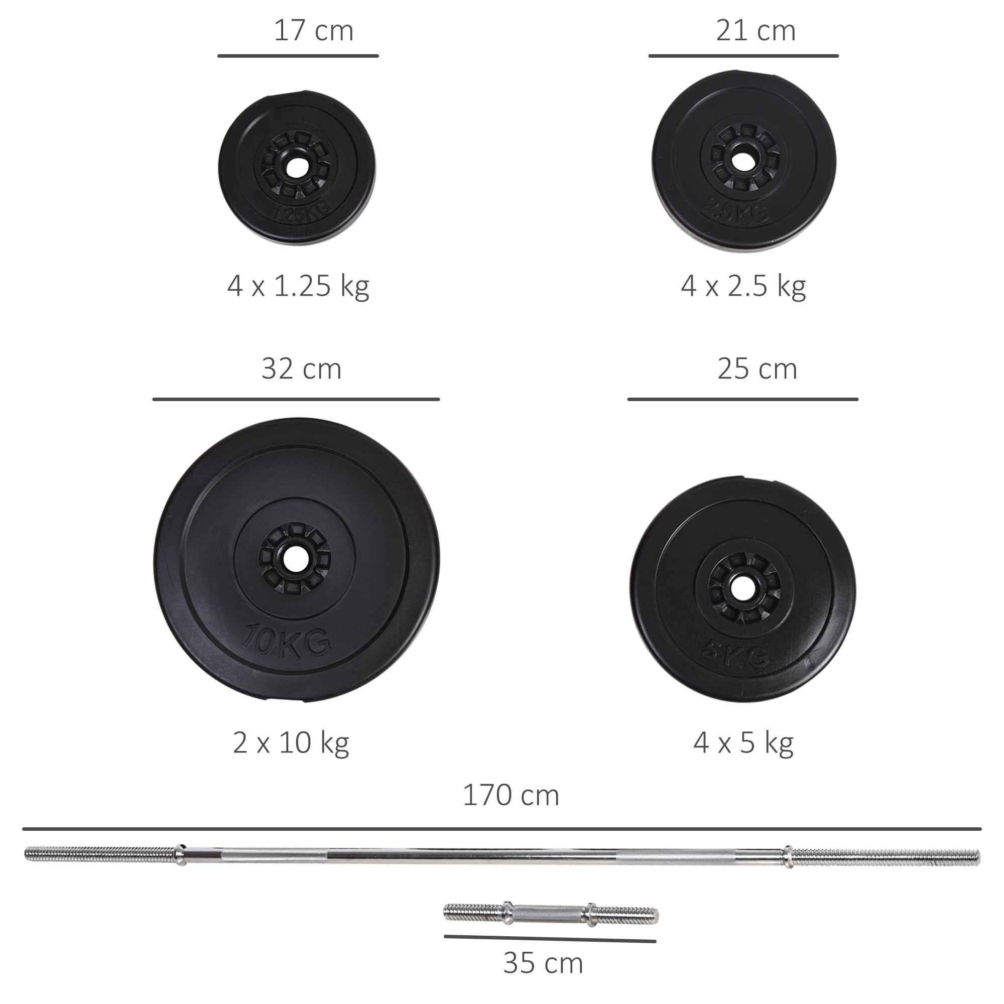 HOMCOM Juego de Pesas de 55 kg con Mancuernas y Barra Pesos Ajustables 2 en 1 con Discos Barra de 170 cm para Culturismo Entrenamiento Fitness en Hogar Gimnasio Negro