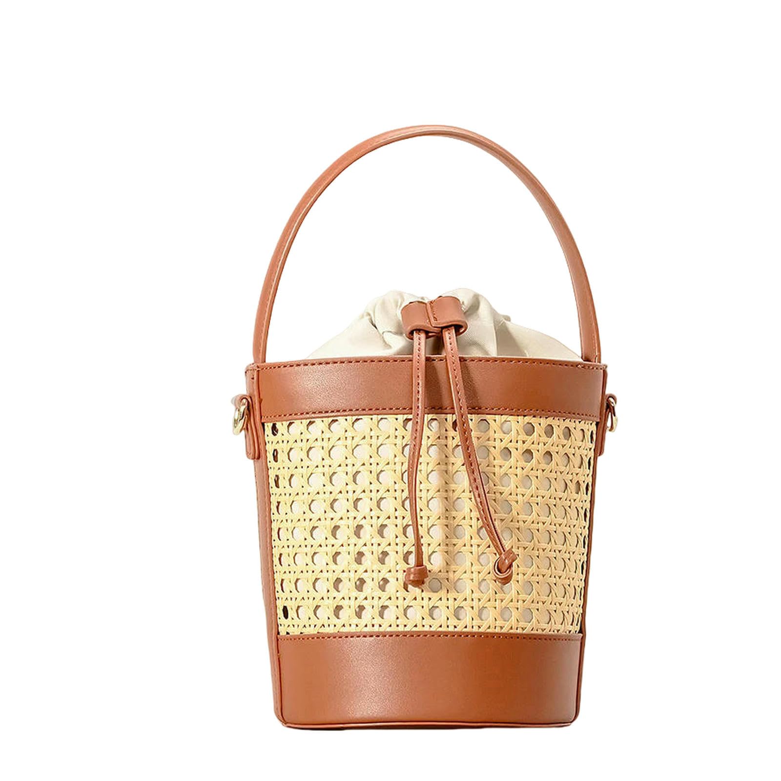 Strohtaschen Damen Shopper Fashion Hollow Eimer Bag Wicker Woven Women Handtaschen Luxus Pu Leder Schulter -Crossbody -Taschen Sommer Beach Bag-braun