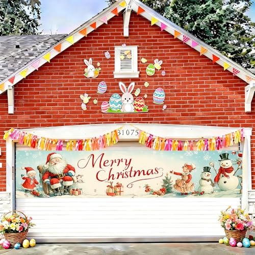 Image of Vintage Snowman Christmas Banner 78.7 x 17.7 Inch Santa and Snowman with Retro Winter Scene Holiday Decoration for Yard Fence Garden or Indoor Wall Display Seasonal Celebration