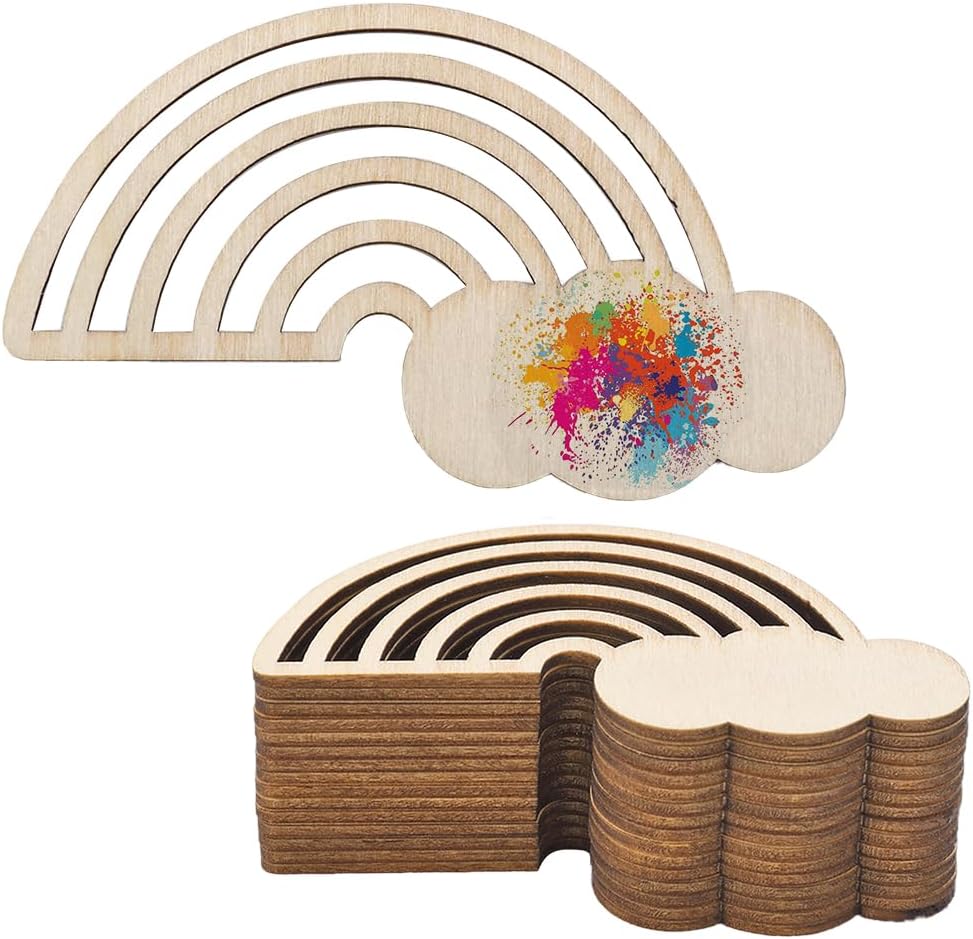 30PCS Rainbow Wood Cutout Unfinished Wooden Unfinished DIY Crafts Hanging Ornaments Cloud Discs Slices for Home DIY Projects Wedding Birthday Christmas Party Decoration