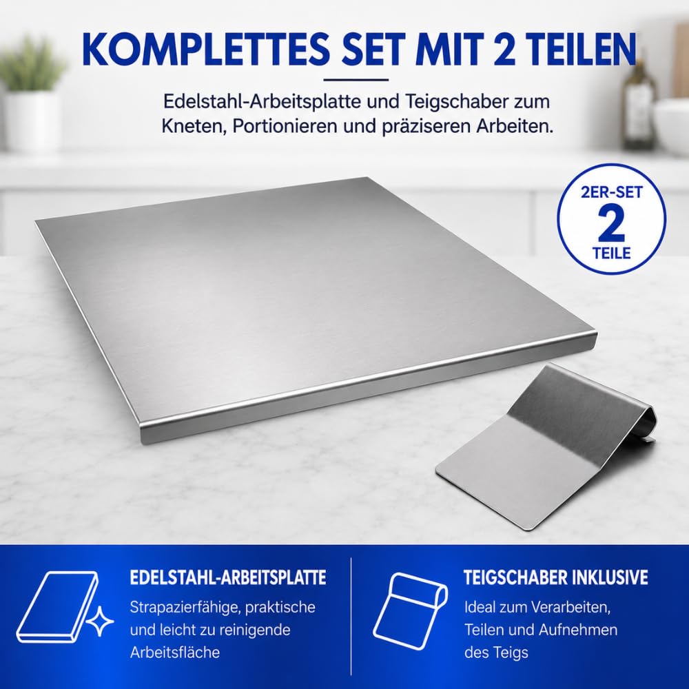 INOXLM Schneidebrett 2 STÜCK Edelstahl + Teigschaber, Edelstahl Arbeitsplatte verschiedene Größen für Küche Bar Restaurant | Knetbrett Made in Italy (40x50 cm Piega 2 cm)