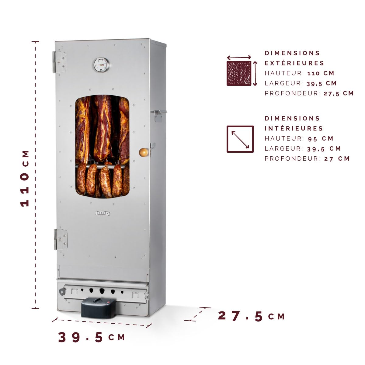 Fumoir électrique de haute qualité KAISER COMPANY '100' l Ce fumoir est fabriqué en acier inoxydable I Fumoir portable de 110 cm I Idéal pour fumer I Il peut accueillir jusqu'à 15 kg de viande