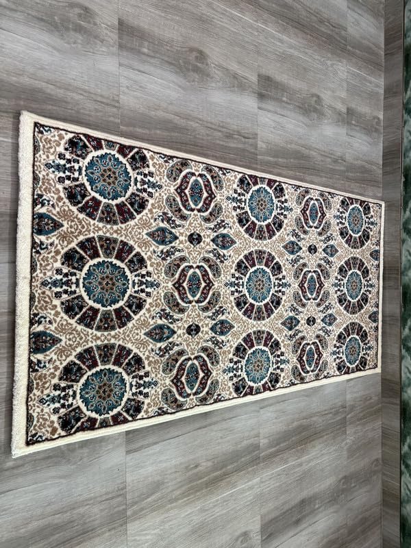 Image of Premium Runner Carpet, Vintage Medallion Pattern, Non Slip, Thick, Ideal for Bedroom, Living Room & Entryway, 3x5 Feet Ivory Multi Color