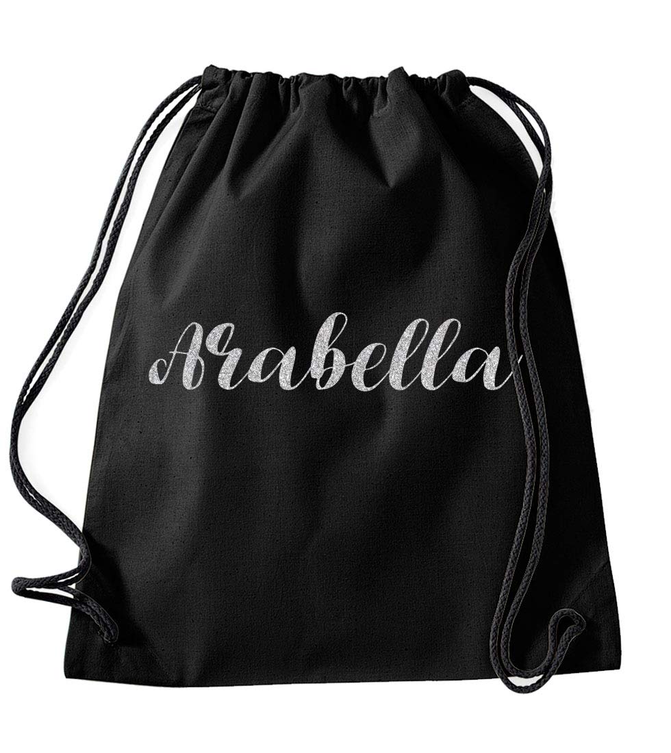 Daytripper Arabella Personalised Gym Bag School PE Kit In Black Colour Glitter Or Metallic Print Birthdays Gymnastics Swimming Christmas-Medium-Sliver