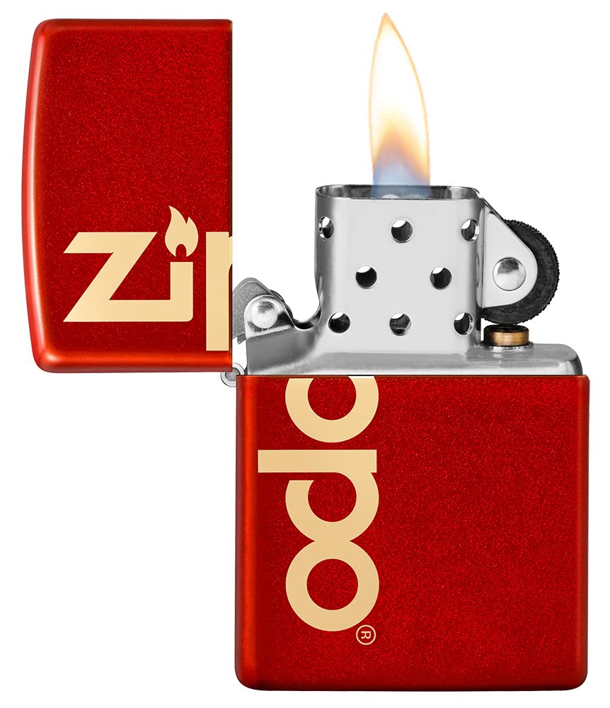 Zippo Zapalniczka Sztormowa, Model z Logo z Czerwonym Metalicznym Wykończeniem i Grawerem Laserowym, do Napełniania, Wielokrotnego Użytku, Odporna na Wiatr, Pudełko Prezentowe, Wyprod. w USA
