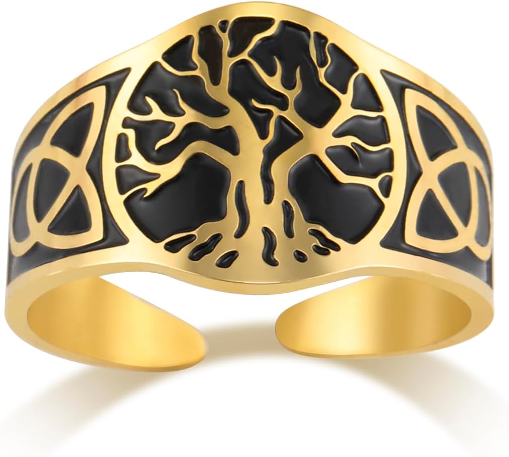 Yggdrasil Tree of Life Ring for Men Women Adjustable Vintage Ring Stainless Steel Viking Celtic Knot
