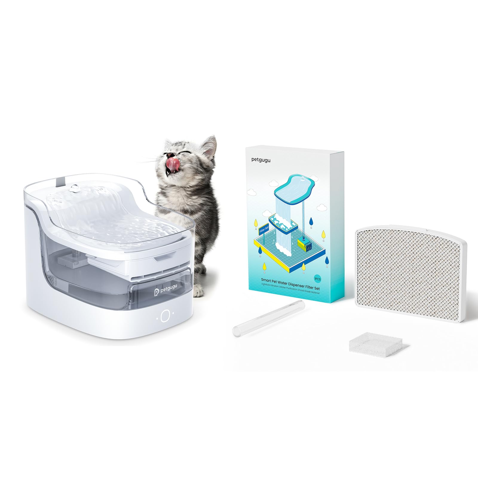 Cat Water Fountain 2L Automatic Pet Water Dispenser with 1 Pack Replacement Filter for Cats & Dogs, Ultra-Quiet Wireless Pump, 8-Layer Filtration, 2.4G WiFi (PF1L)