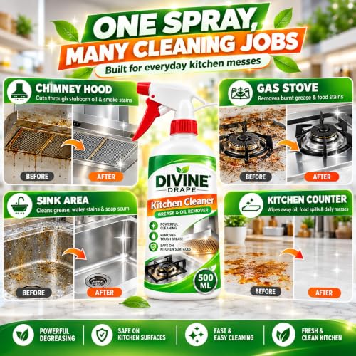 Image of Kitchen Cleaner Spray for Oil & Grease Stain Removal, 500 ml Trigger Degreaser for Gas Stove, Chimney, Sink, Grill, Exhaust Fan, Tiles and Cooking Area Surfaces