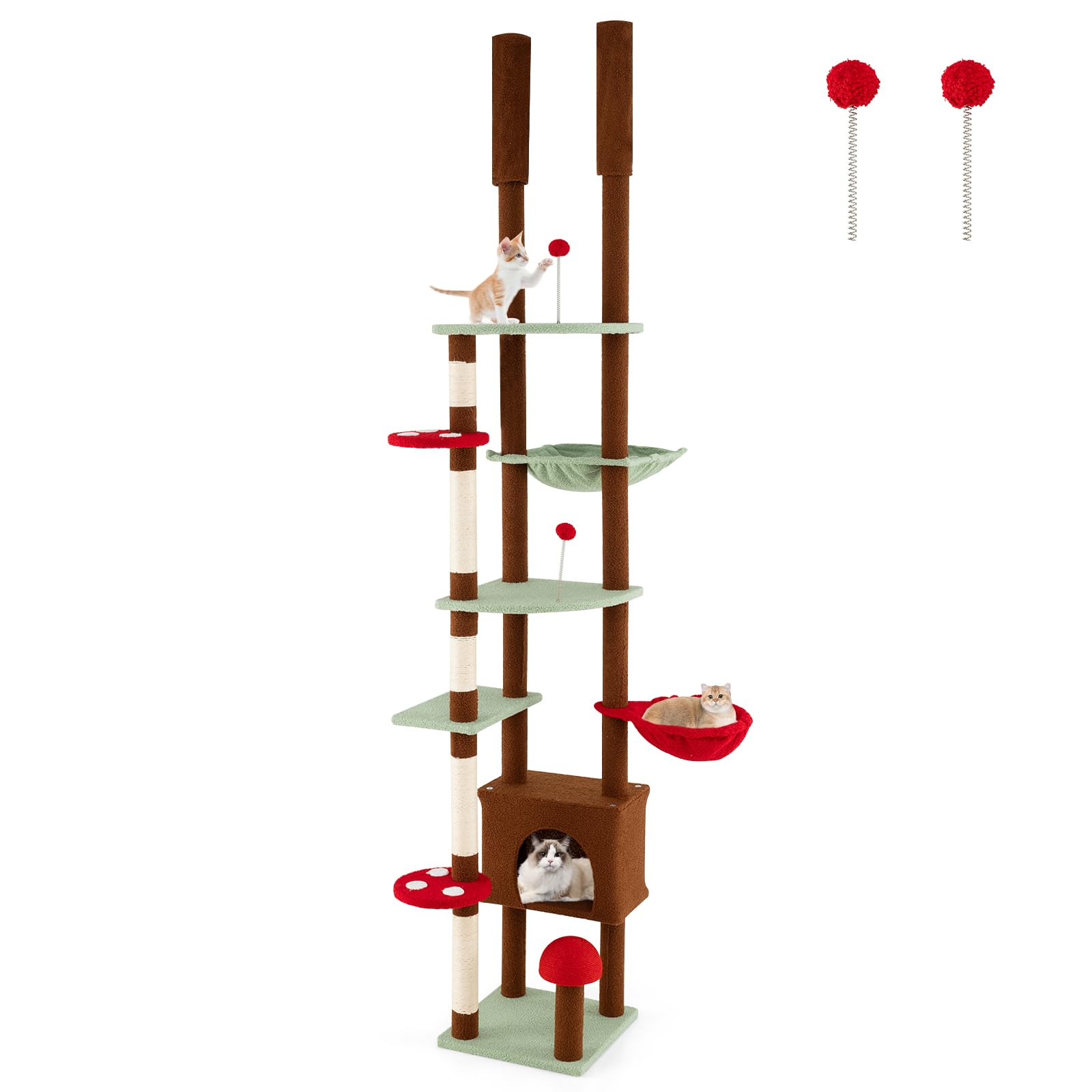 COSTWAY Arbre a Chat Plafond, H207-237 cm/247-277 cm Réglable, Arbre a Chat Design XXL, 6 Plateformes, 6 Poteaux à Griffer en Sisal, Condo, Panier, Hamac, 2 Pompons (207-237 cm/247-277 cm,Multicolore)