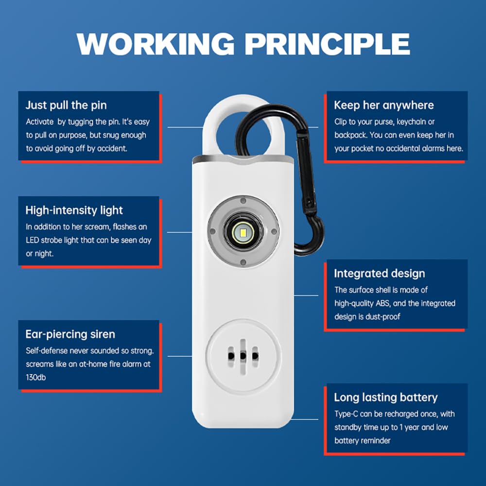 Alarma de seguridad personal recargable, llavero de 130 dB con luz intermitente SOS, peso ligero de 28 g, más de 500 días de espera, alerta fuerte para niñas, niños, ancianos (azul)