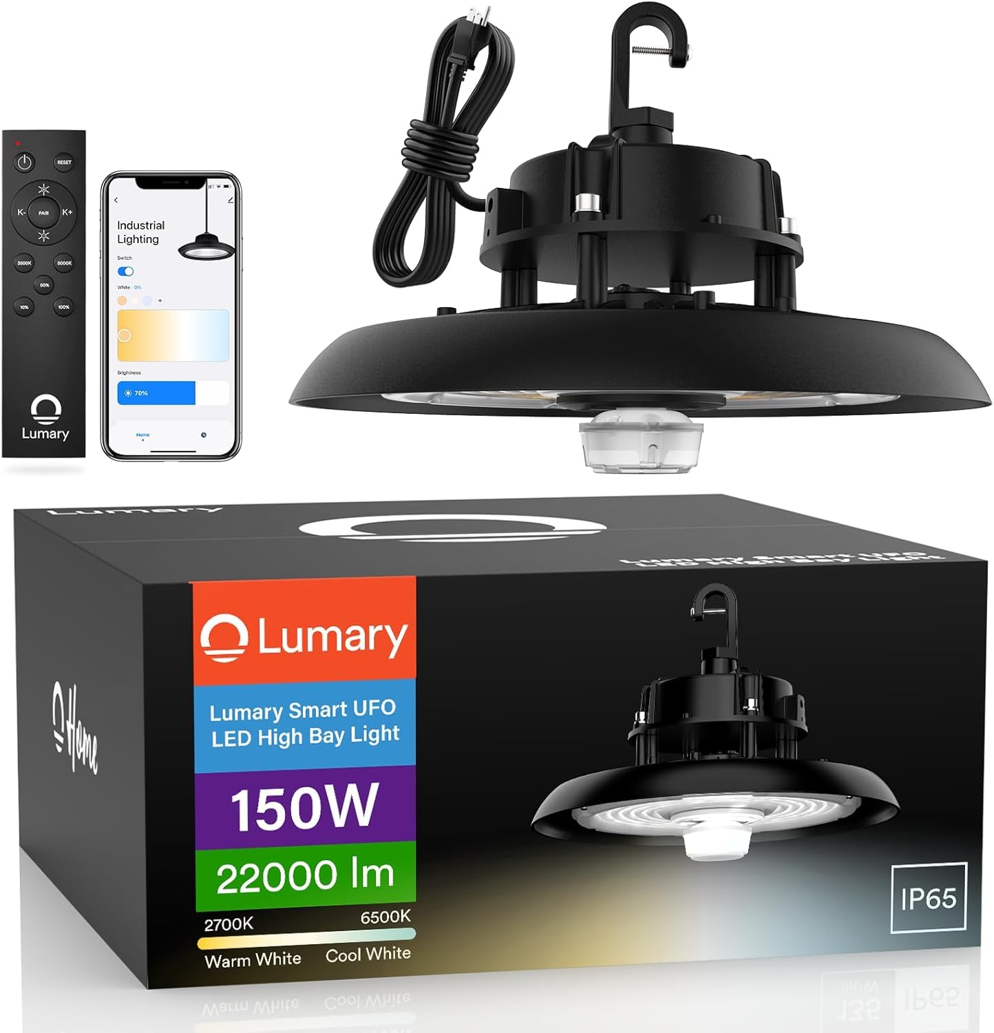 Lumary 22,000Lm Smart UFO LED High Bay Light Remote 150W, Compatible with Alexa/Google-Hub (Sold Separately), 2700K-6500K Dimmable, Hanging Shop Lights for Garage Workshop Factory Gym Barn