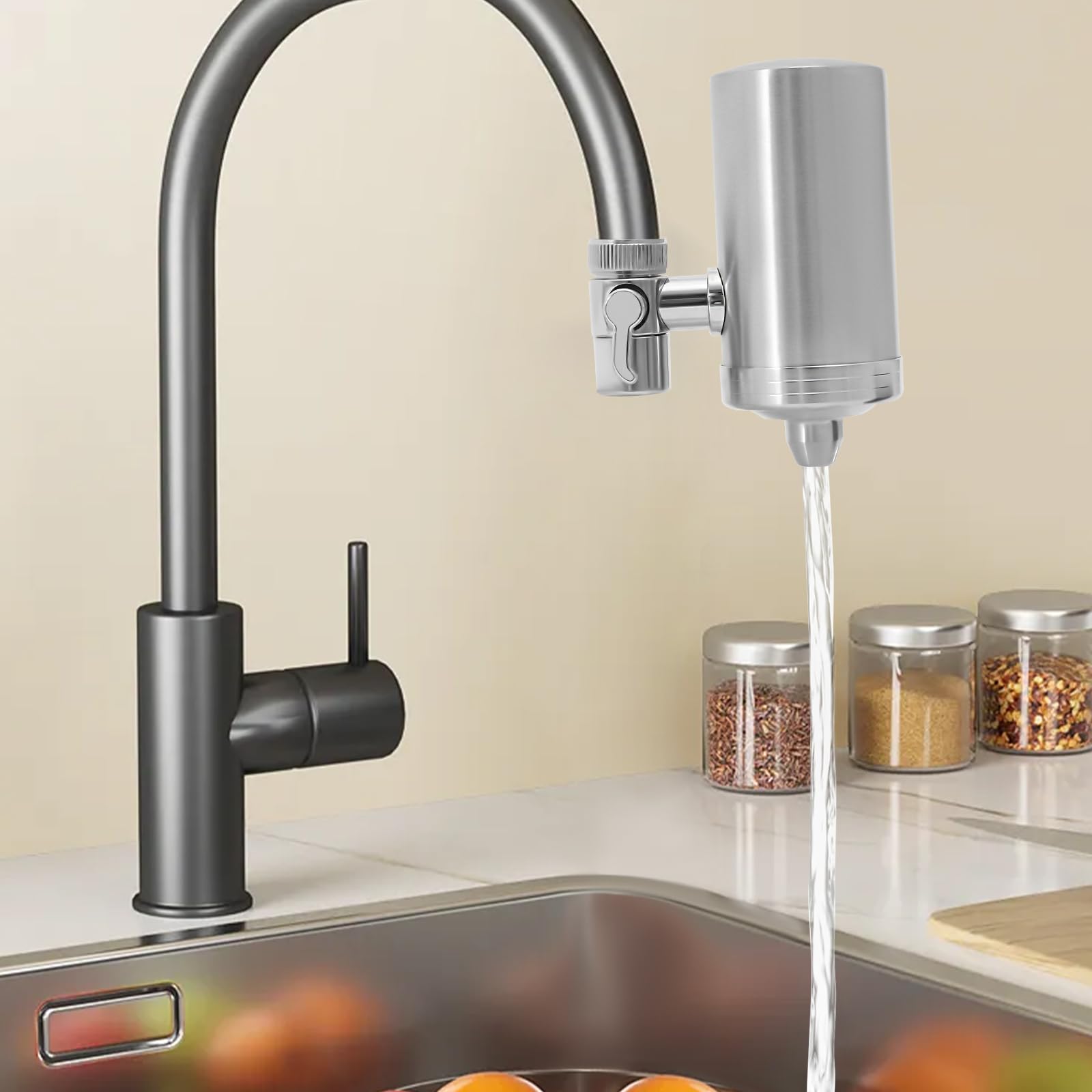 Filtro dell'acqua per rubinetto in acciaio inox, sistema di filtraggio dell'acqua, filtro dell'acqua del rubinetto, rimuove cloro, metalli pesanti e cattivo gusto, con 1 filtro incluso