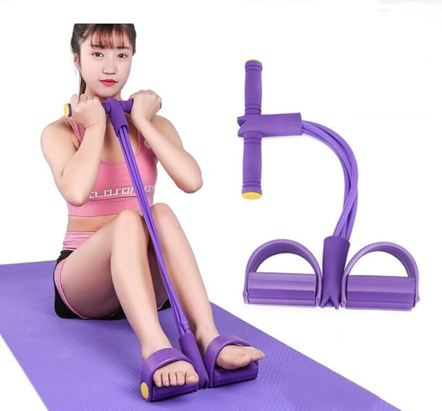 Sit-Up Pull Rope 4 Tube Foot Pedal Exerciser Resistance Band Tummy Trainer Abdomen Waist Arm Leg Tummy Stretching Slimming Training Bodybuilding Expander Yoga Home Gym Fitness Equipment