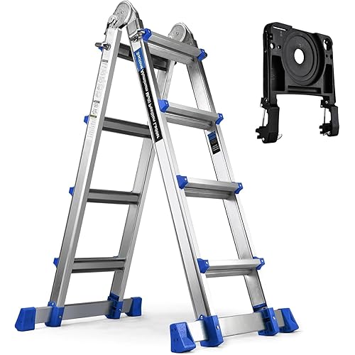 HBTower A Frame 4 Step Extension Ladder 17 Ft, Multi Position Ladder with Removable Tool Tray and Stabilizer Bar, 330 lbs Capacity for Household and Outdoor Work