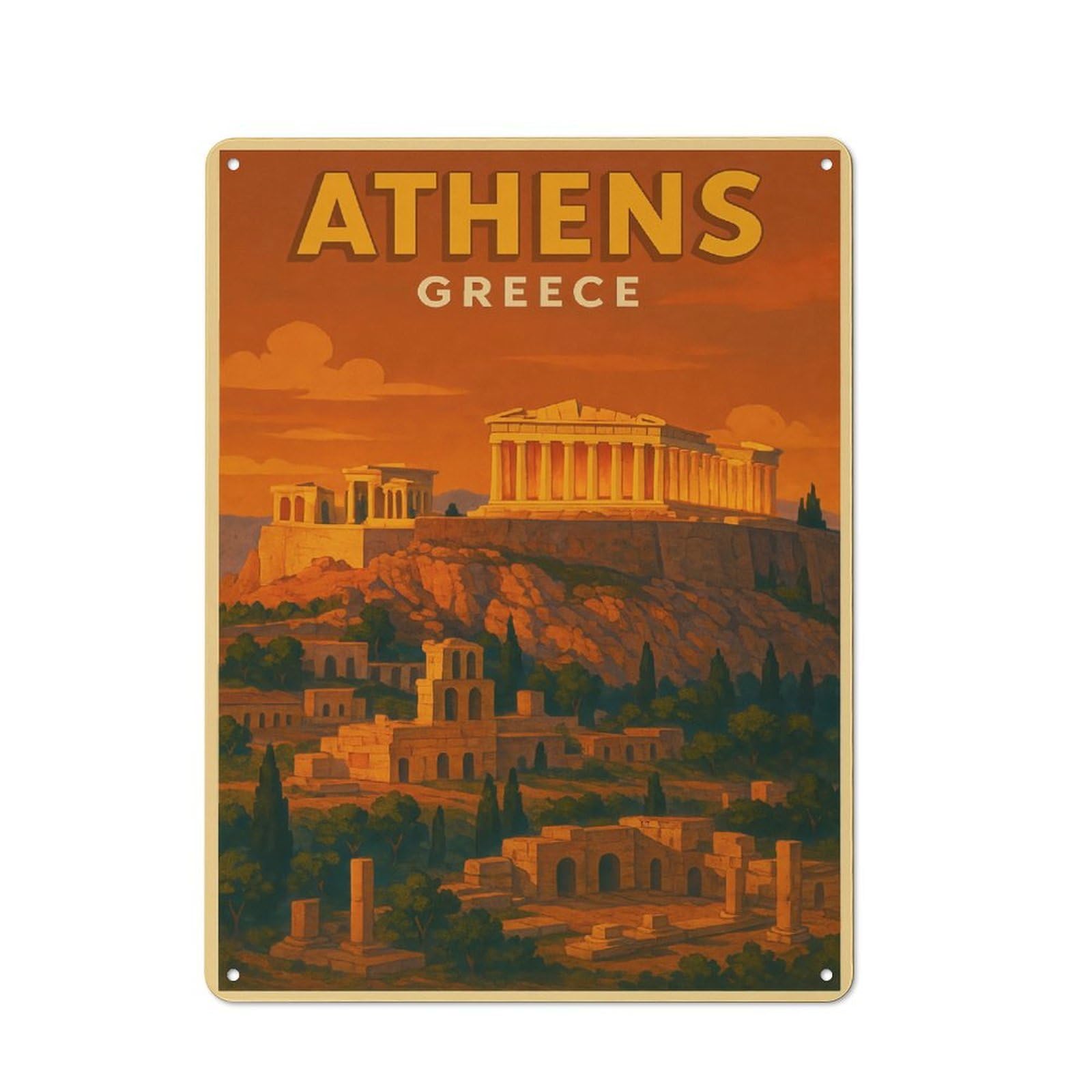 Junmoney Style-1 Tin Wall Plaque 40X30cm With Athens Greece Travel (3) For Home Office Or Studio, For Garage, Workshop And Man Cave Decoration