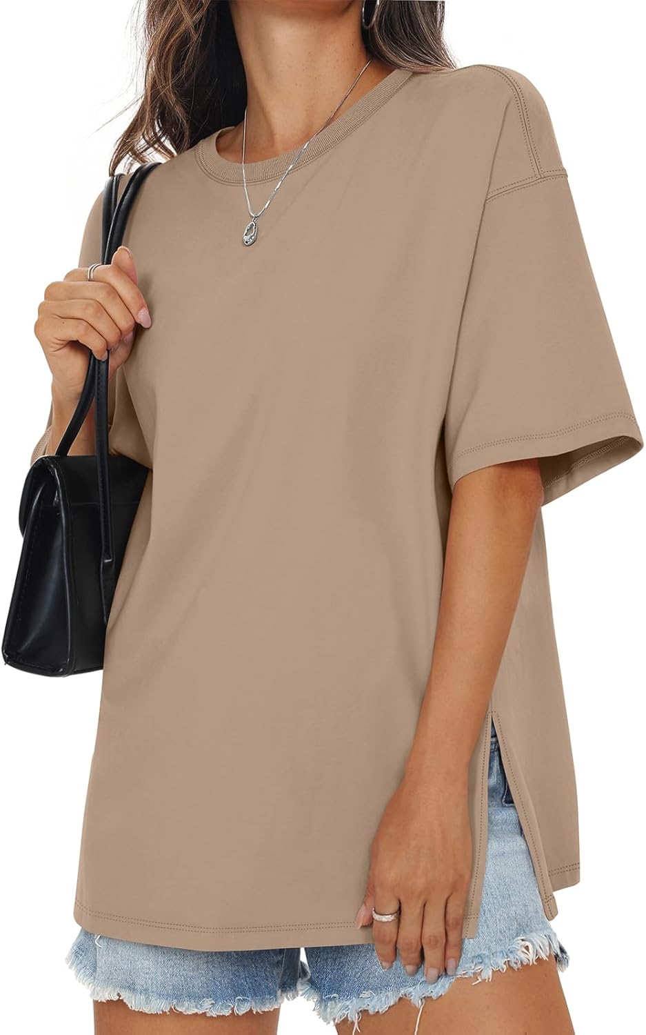 Womens Cotton Oversized T Shirts Side Slit Tops Loose Fit Tee Crewneck Short Sleeve Summer Clothes 2026