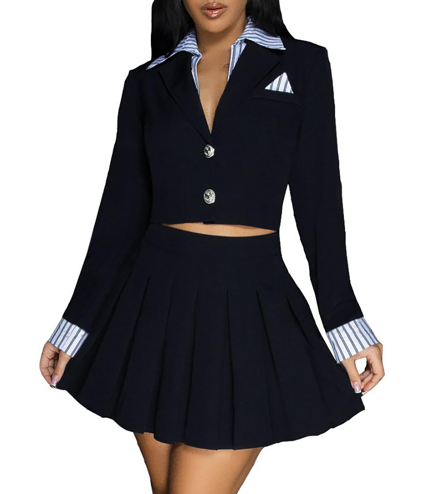 Womens 2 Piece Outfits Casual Cropped Blazer Jacket and High Waist Pleated Mini Skirt Sets Fashion Suit Set