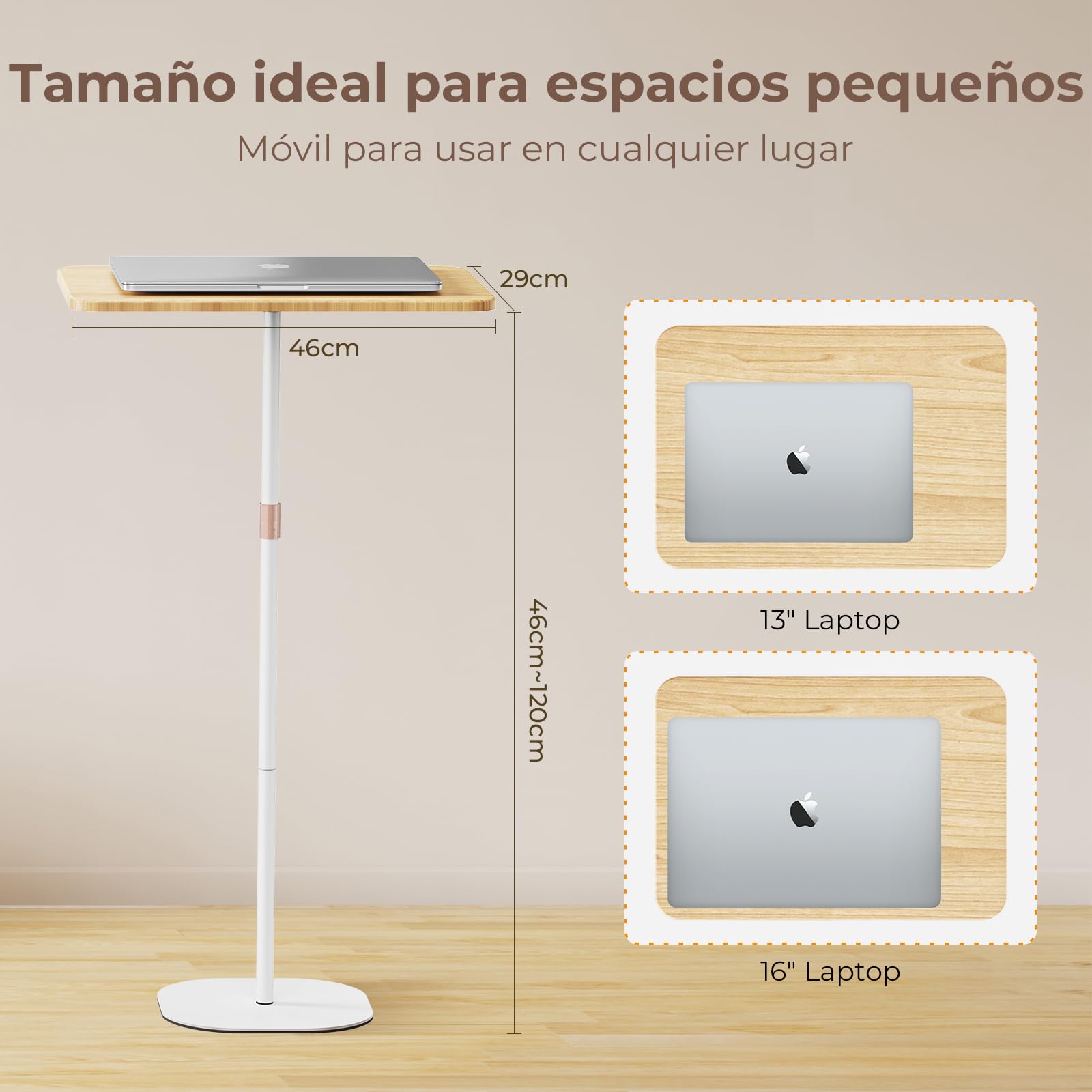 Escritorio de Pie Móvil, Escritorio para Computadora Portátil con Altura Ajustable 46-120cm, Estación de Trabajo de Pie para trabajo de estudio, Mesa de ordenador móvil para oficina/cama/sofá, Blanco