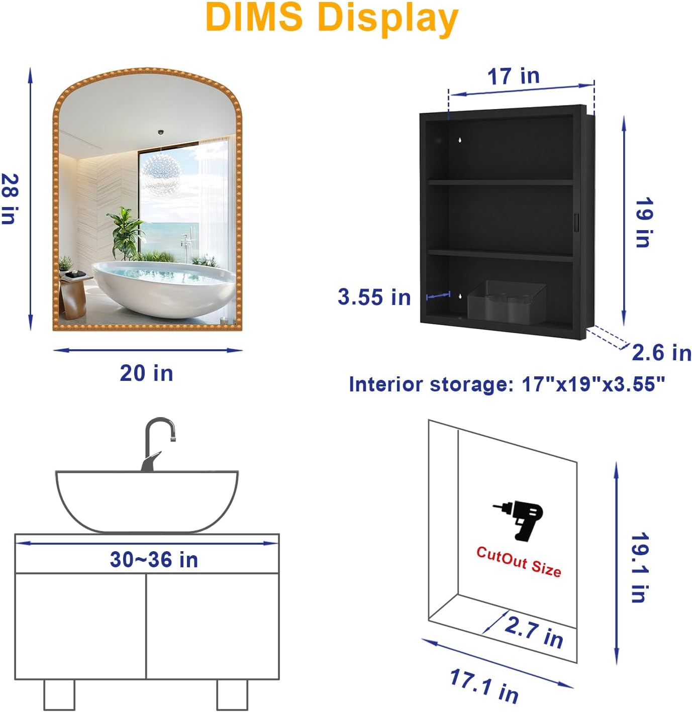 bathroom medicine cabinet with mirror, wall mount or recessed bathroom mirror with storage, full-metal 2 adjustable shelves and 1 cabinet organizer, modern and luxury daisy decor bling gold 20x28 inch bling gold no light (20"x28" mirror)