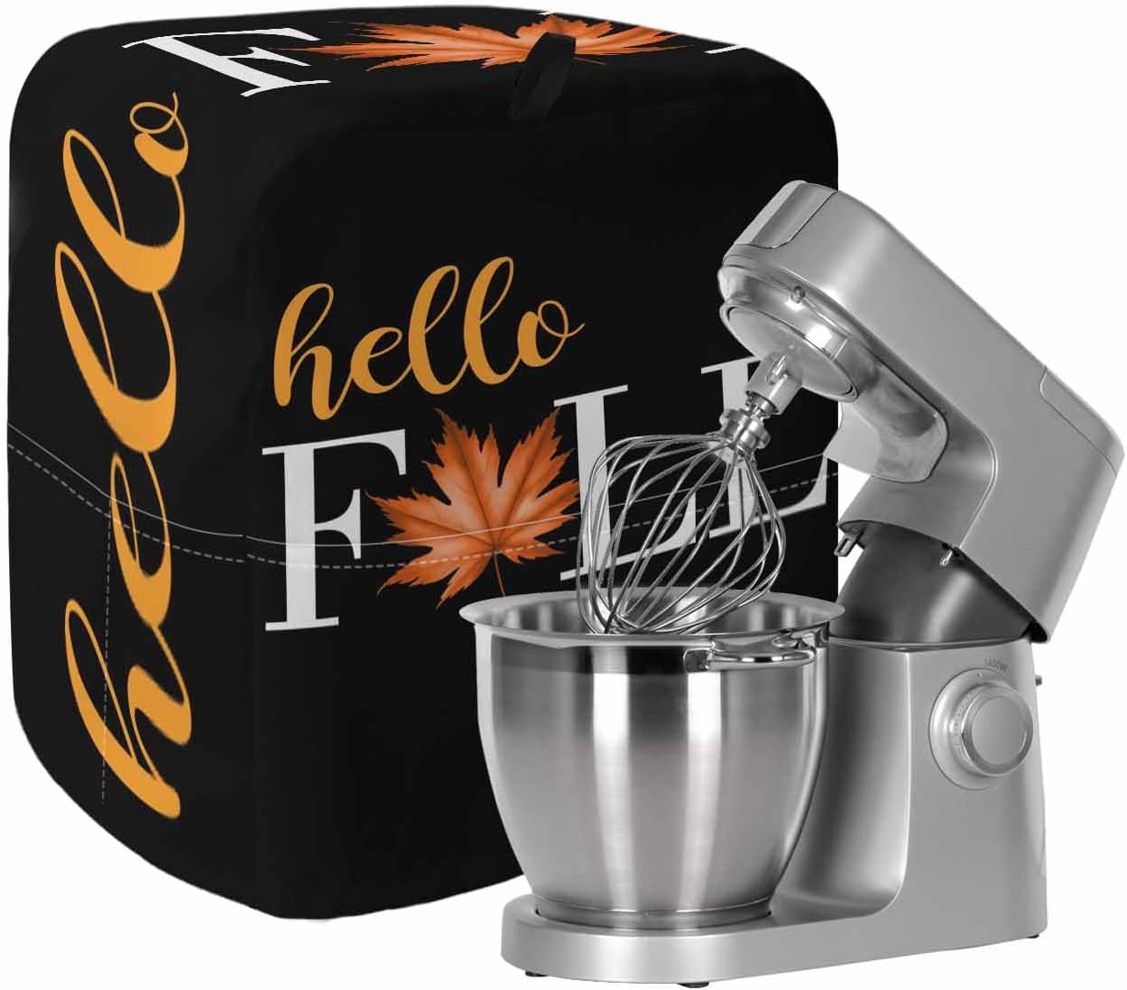 Hello Fall Stand Mixer Cover with Storage Pocket, Waterproof Kitchen Mixer Covers, Thanksgiving Vintage Maple Leaf Autumn Black Kitchen Appliance Dust Cover Compatible with 6-9 Quart Mixers